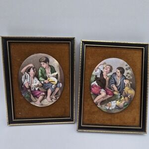 2 Vintage Murillo Bone China Miniature Porcelain in Frame Children Eating
